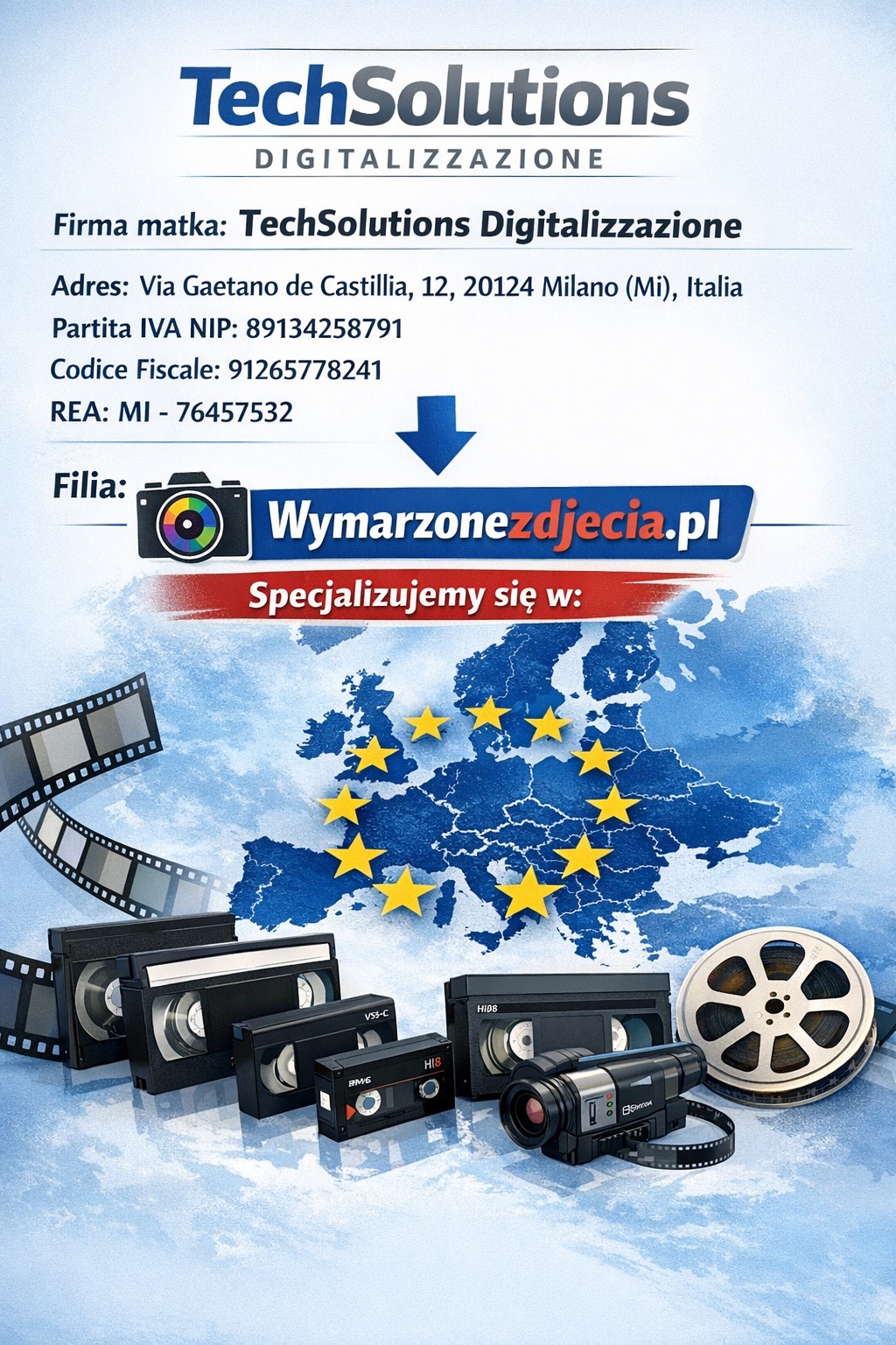 Nazwa firmy: "TechSolutions Digitalizzazione" Adres: Via Gaetano de Castillia, 12, 20124 Milano (MI), Italia Partita IVA NIP: 12345678901 Codice Fiscale: 91265778241 REA : MI - 76457532